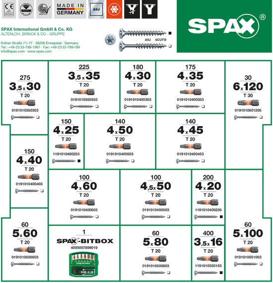 Coffret de montage SPAX, L-BOXX, grand, WIROX A9J, T-STAR plus, tête fraisée, 16 dimensions, 2446 pièces, avec SPAX BITcheck et mètre pliant SPAX - 5000009160059