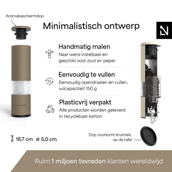 Taupe LARS NYSØM zoutmolen met zichtbaar zout, naast een amandelbeige pepermolen met peperkorrels. "Minimalistisch ontwerp"