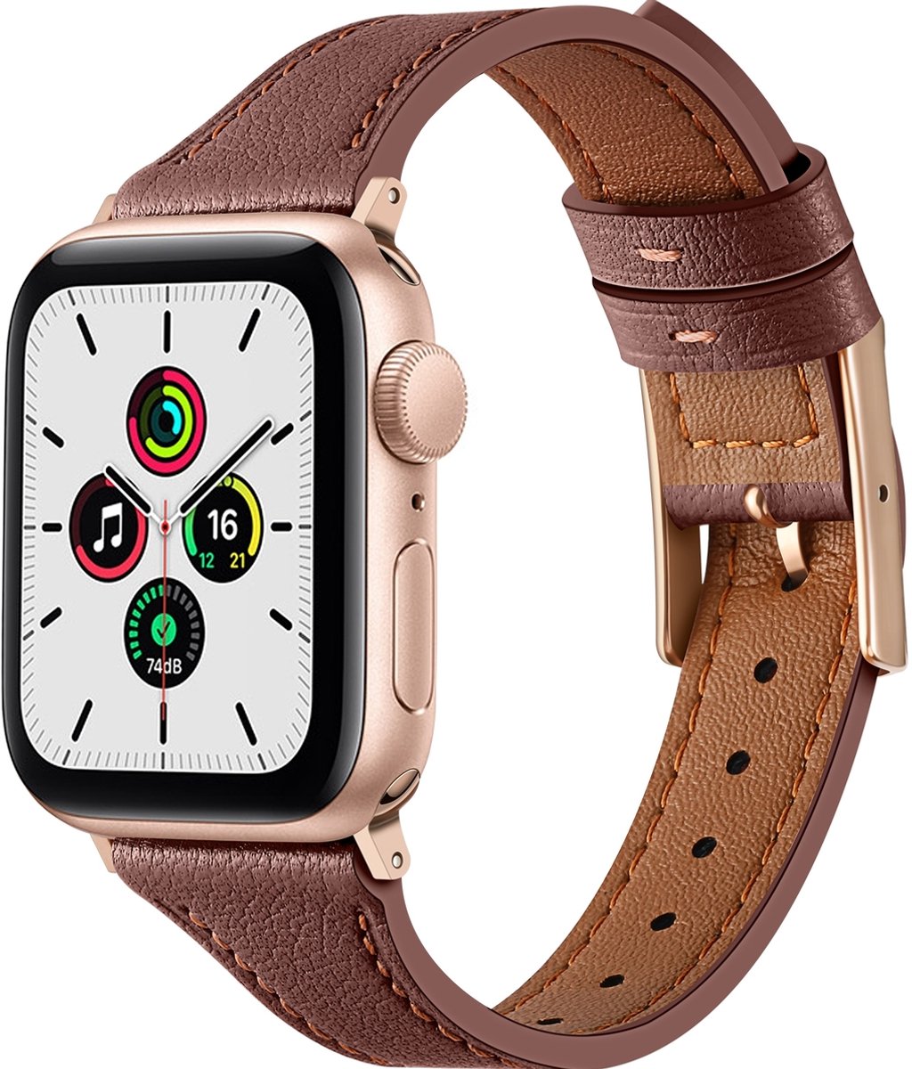 Mobigear Leren Watch bandje geschikt voor Apple Watch Bandje Gespsluiting | Mobigear Napoli - 42/41/40/38 mm - Bruin