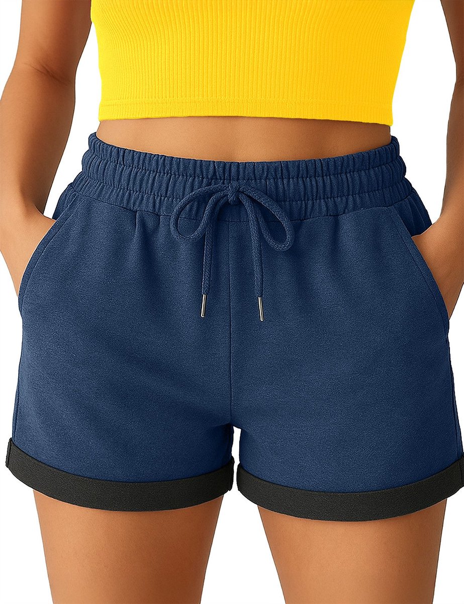 Smith & Solo korte broek dames - comfortabele shorts dames - katoen sweat short - Marineblauw - S