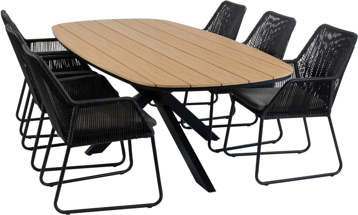 7-delige tuinset | 6 Mona tuinstoelen (Black) | Tuintafel Cadiz 240x115cm (Black)
