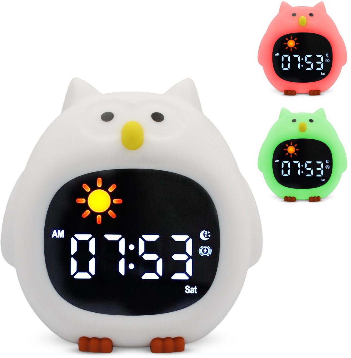 Castel Kinderwekker en Slaaptrainer Uil – Digitale Wekker met White Noise, Nachtlamp, Dimbaar LED Display en Instelbaar Meerkleurig Licht – USB Oplaadbaar