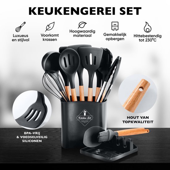 Ensemble d'ustensiles de cuisine noirs en silicone avec manches en bois dans un support noir. Sans BPA et résistant à la chaleur jusqu'à 230°C.