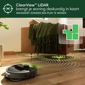 Zwarte robotstofzuiger met ClearView LiDAR, met plattegrond overlay.