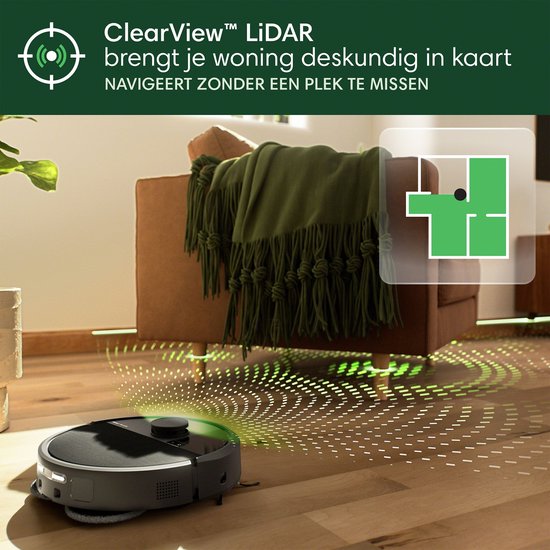 Zwarte robotstofzuiger met ClearView LiDAR, met plattegrond overlay.