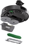 Exploded view van een zwarte robotstofzuiger met verwijderde onderdelen zoals de borstel en het opvangbakje.