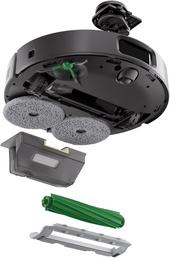 Exploded view van een zwarte robotstofzuiger met verwijderde onderdelen zoals de borstel en het opvangbakje.