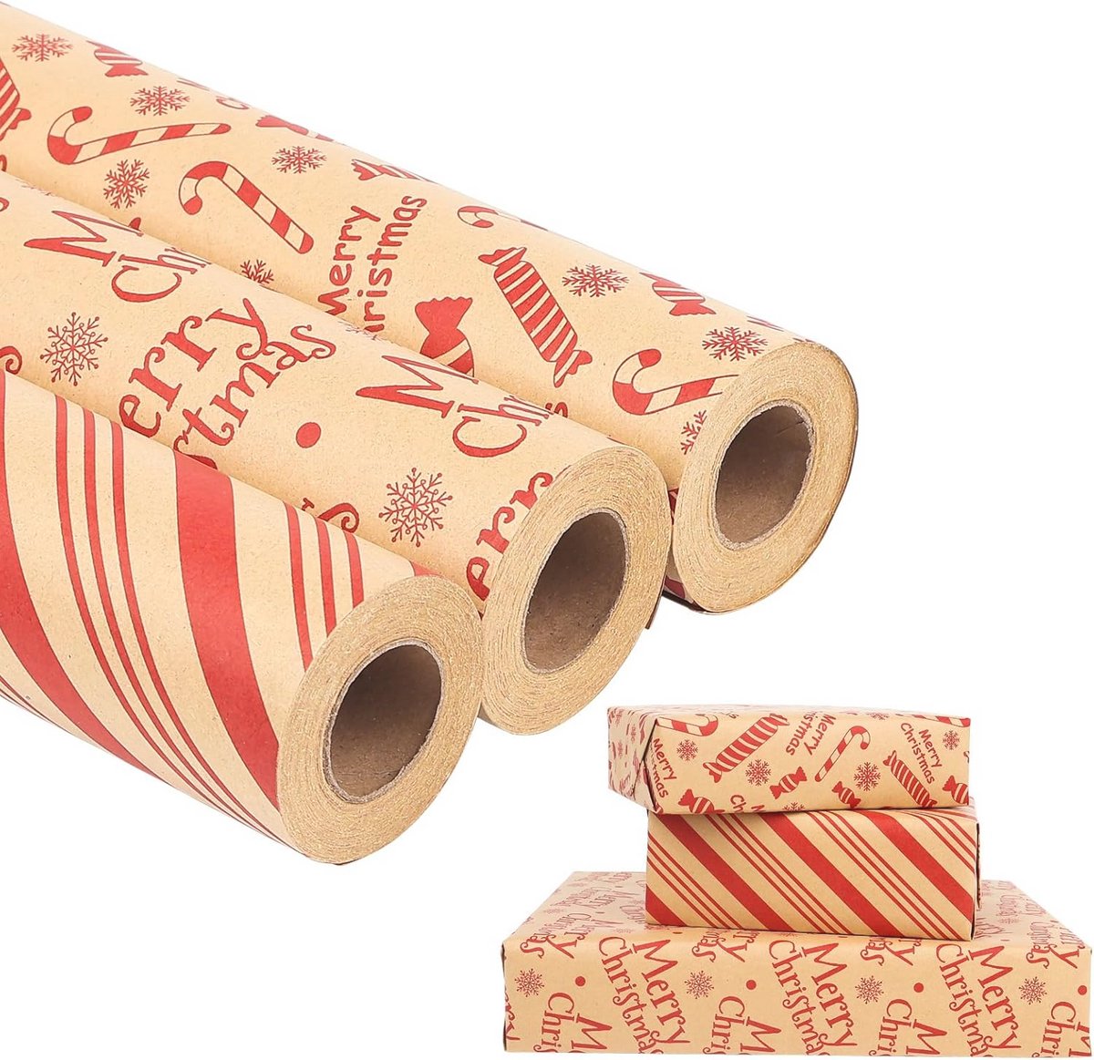 Kerst inpakpapier rol - 3 rollen 43 cm x 10 m - Kraft inpakpapier voor feestelijke geschenken