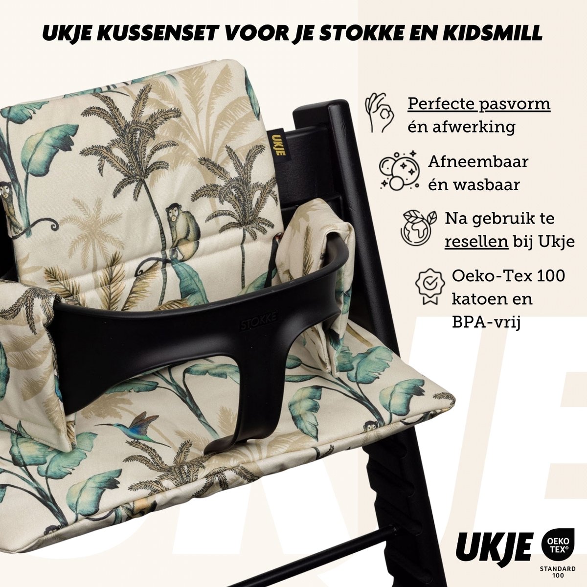 Ukje Kussen TrippTrapp - Geschikt als Stokke Tripp Trapp Stoelverkleiner - Het enige kussen dat op 30°C in de was kan - Veilig getest Oeko-Tex - Kinderstoel Verkleiner - Geplastificeerd en Snel Schoon - Beige Jungle – foto 5