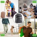 Collage toont zwarte leren tas in gebruik voor reizen, werken, wandelen en winkelen.