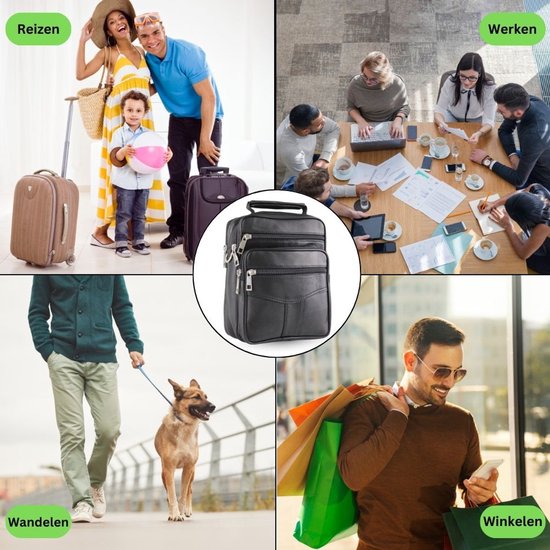 Collage toont zwarte leren tas in gebruik voor reizen, werken, wandelen en winkelen.