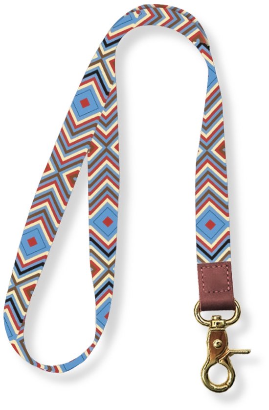 Foto: Travel cords keycord ruitjes blauw rood lanyard draaglengte 45 cm leer metaal canvas sleutelkoord karabijnhaak goudkleurig sleutels pasjes telefoon