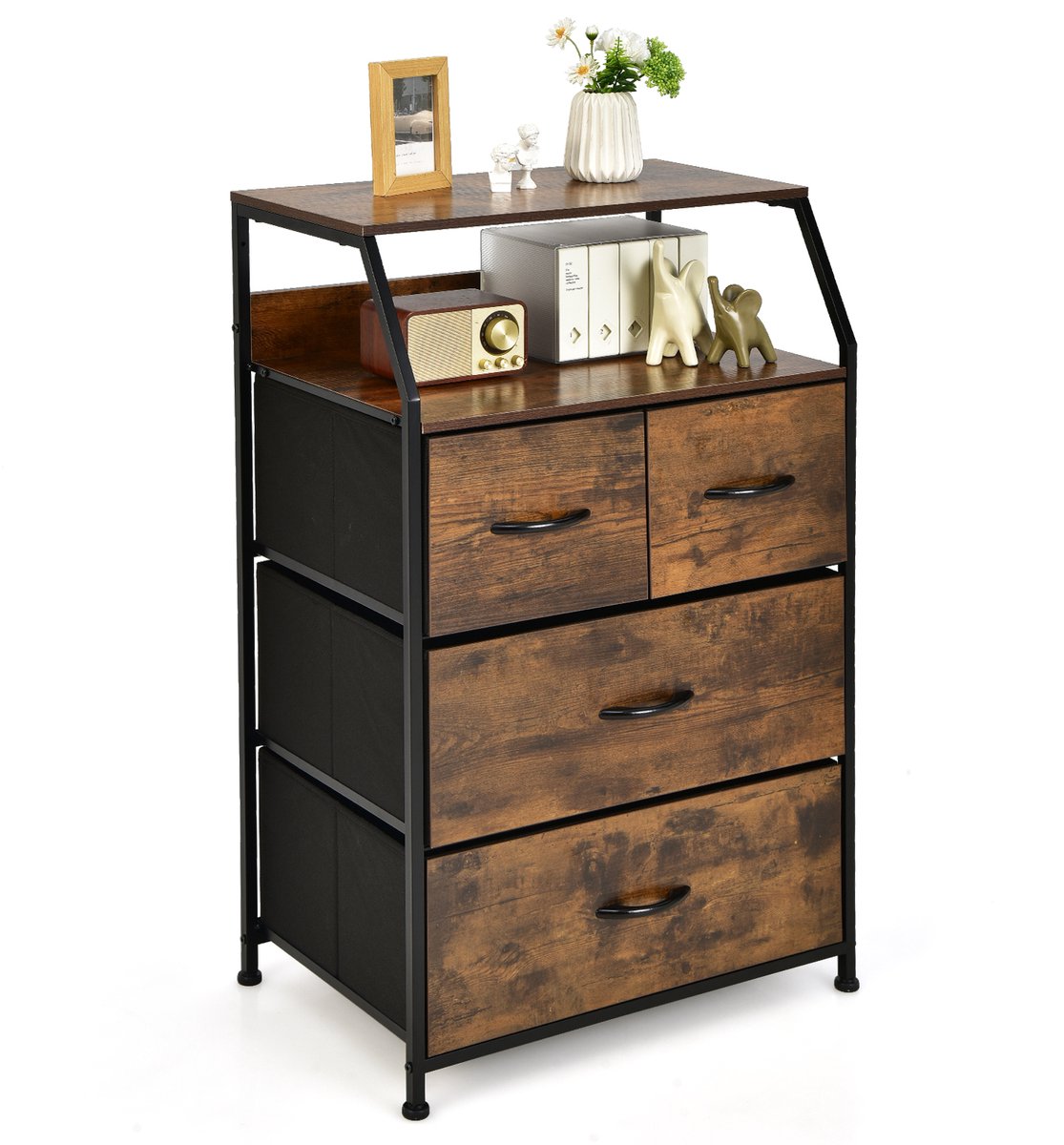 COSTWAY Ladekast met 4 laden, dressoir met 4 opvouwbare stoffen laden & metalen frame, opbergkast industrieel voor woonkamer slaapkamer, 60 x 39 x 96cm