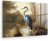 MuchoWow® Glasschilderij 90x60 cm - Schilderij acrylglas - Reiger - Water - Planten - Foto op glas - Muurdecoratie woonkamer - Wanddecoratie slaapkamer - Schilderijen
