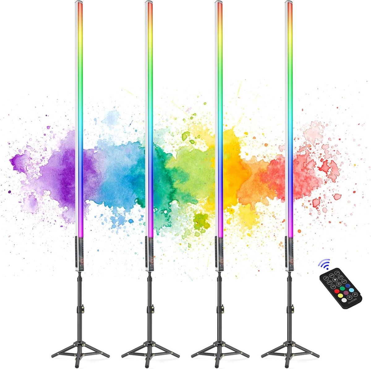 4-delige LED Video Lichtset met Uitschuifbaar Statief - 120cm Dimbare RGB Lichtstaven - Handheld Fotografie Verlichting met Geheugenfunctie - Ingebouwde Batterij - Ideaal voor YouTube, Game Streaming & Bars