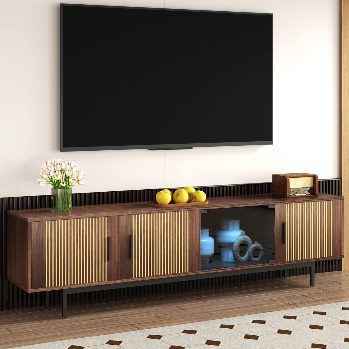 TV-kast - lowboard met gesneden textuur - TV-meubel met LED-lichtstrip en deur van gehard glas