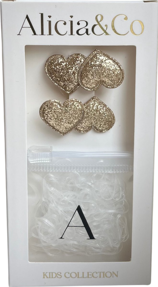 Alicia&Co – Tiny Tie & Heart Set – Gold Glitter - Set van 2 kleine alligator haarclips en 1 zakje met kleine transparante haarelastiekjes - cadeau - kraamcadeau - haarspelden & clips - haarelastiekjes kind - haarspeldje kind - haarspeldje baby