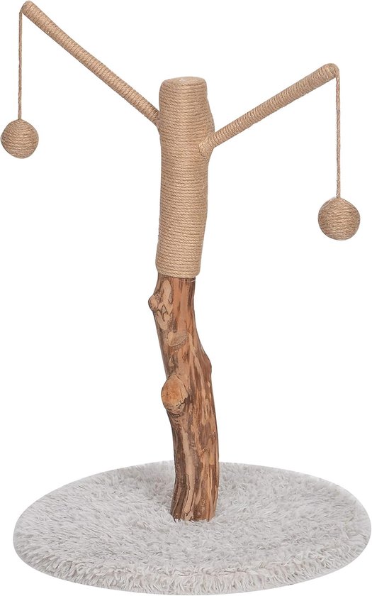 Krabpaal voor katten - ca. 80 x 45 x 45 cm - echte boomstam - hout - pluche - sisal - bruin - wit