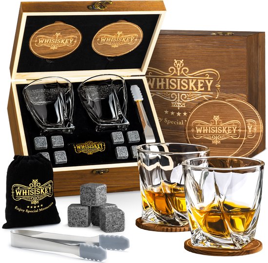 Set de luxe Whisiskey dans une boîte en bois avec 2 verres, 8 pierres à whisky, 2 sous-verres et une pince à glace.