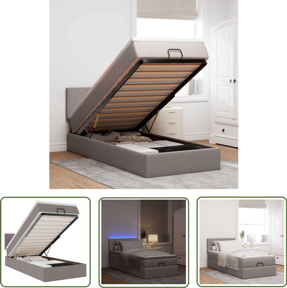 The Living Store Ottoman bed met matras en LED's 80x200cm stof taupe - Ottoman Bed - Boxspring Bed - Tweepersoons Bed - Stapelbaar Bed - Led Lamp