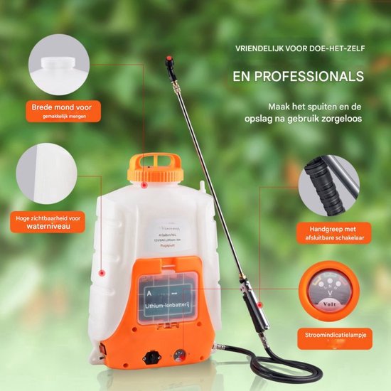 Tuinsproeier Rugspuit - Buitenrugspuit - voor Onkruidbestrijding en Reiniging - Verstelbare druk - 4 Gallon Tank - Wit & Oranje van Kinzo Garden — afbeelding 5