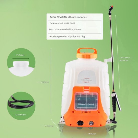 Tuinsproeier Rugspuit - Buitenrugspuit - voor Onkruidbestrijding en Reiniging - Verstelbare druk - 4 Gallon Tank - Wit & Oranje van Kinzo Garden — afbeelding 2
