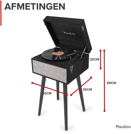Platenspeler op poten - Audizio Fremont - Retro platenspeler met meubel - Met Bluetooth - zwart — afbeelding 2