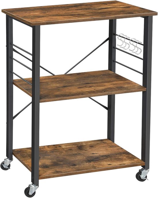 HOMCOM Keukenwagen, Industrieel Ontwerp, 1 Plank, 1 Opbergmand, 4 Wielen, 40 Cm X 30 Cm X 62 Cm Staal Zwart Bruin~1j80unmag1g00