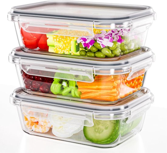 Stellar Glazen voedselbewaardozen - Meal Prep - Klikslot lekvrije deksels - Bakjes opbergen - Bakjes - Bakje met deksel - Glazen bakjes - Vershoudbakjes - Bewaarbakjes - BPA-vrij - Luchtdicht - 3 stuks - 1040 ml