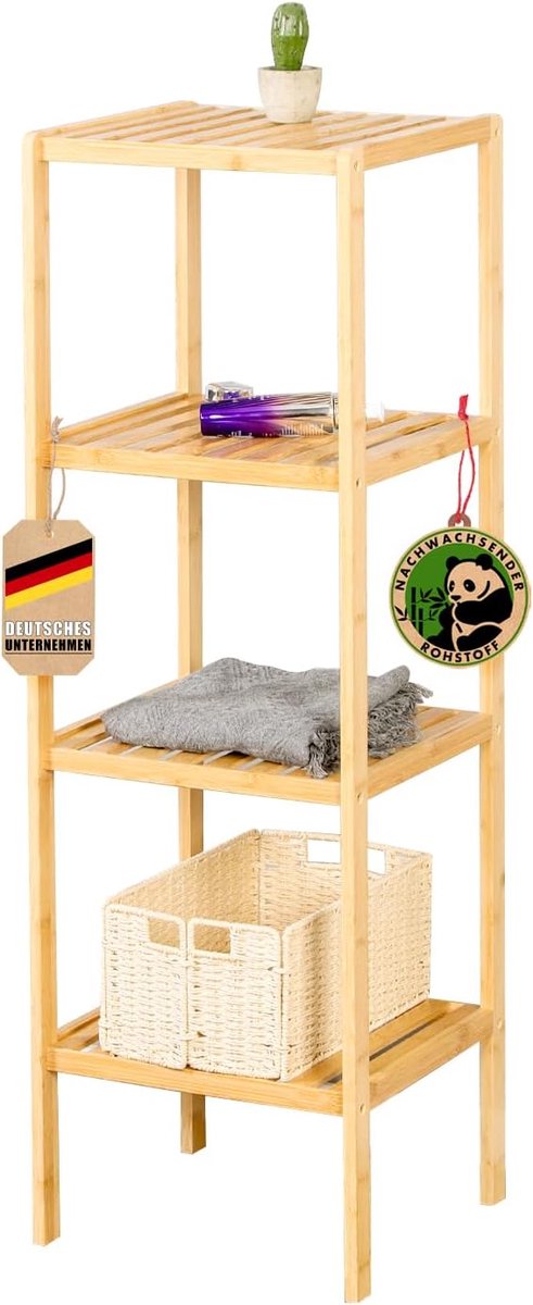 FLOORDIREKT Bamboe Plank Lowa - Smalle Staande Plank voor Badkamer, Slaapkamer, Woonkamer - Houten Plank met 4 Planken - Plankafmeting 34 x 33 x 110 cm