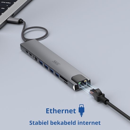 Hub USB C Rolio - Hub 10 en 1 - Ethernet - HDMI 4K - USB-C - USB 3.0 - Lecteurs de cartes SD/TF