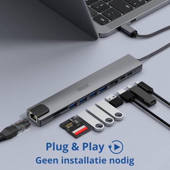Hub USB C Rolio - Hub 10 en 1 - Ethernet - HDMI 4K - USB-C - USB 3.0 - Lecteurs de cartes SD/TF