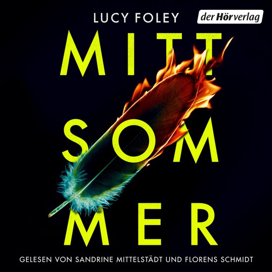 Boek "Mittsommer" met gele, brandende veer op donkere achtergrond.