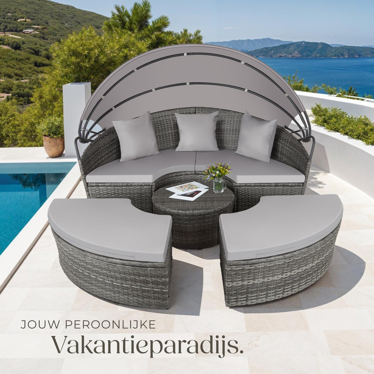 tectake® Wicker Zonne-eiland Santorini - Loungebed voor 2 Personen - Multifunctioneel Rond Ligbed met Zonnescherm - Vrij in te delen Tuin Ligstoel met Luifel - UV- en Weerbestendige Tuinset - Loungeset Inclusief Kussens - Grijs thumbnail 4