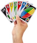 Hand houdt speelkaarten met cijfers 4, 9, 3, 0, 4 en UNO Spin kaarten vast.