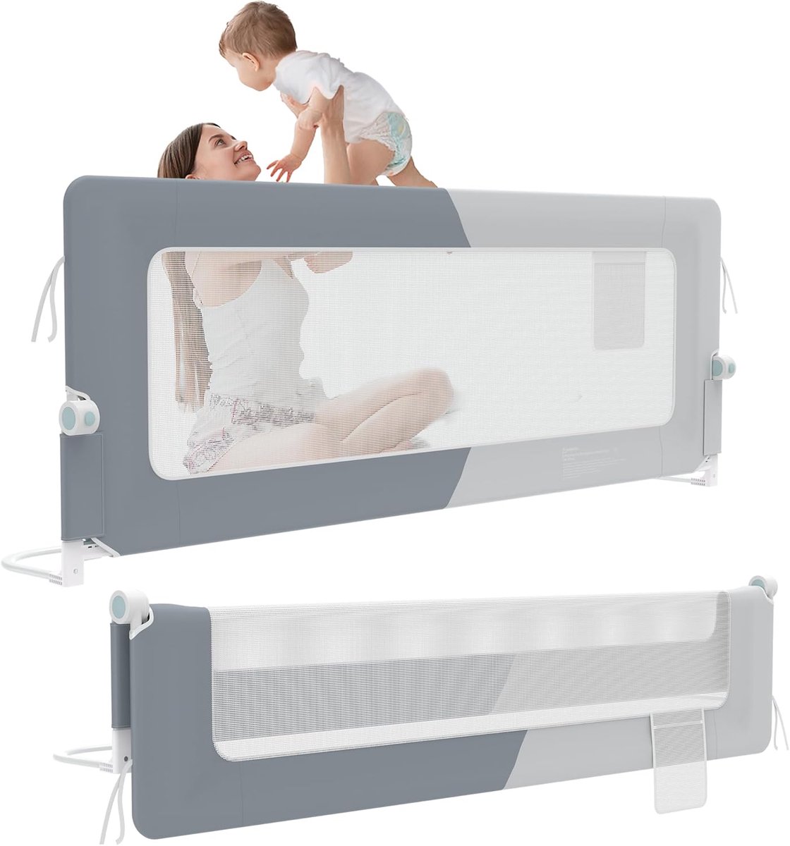 Aufun bedhek 200 cm bedhek bedhek kinderbedhek 180 graden opklapbaar babybedranden luchtig net in hoogte verstelbare veiligheidsrail bed (grijs + lichtgrijs)