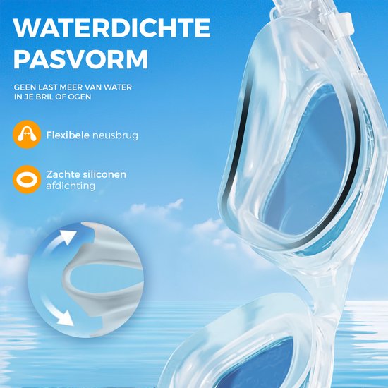 Witte zwembril met flexibele neusbrug en zachte siliconen afdichting. "Waterdichte pasvorm"