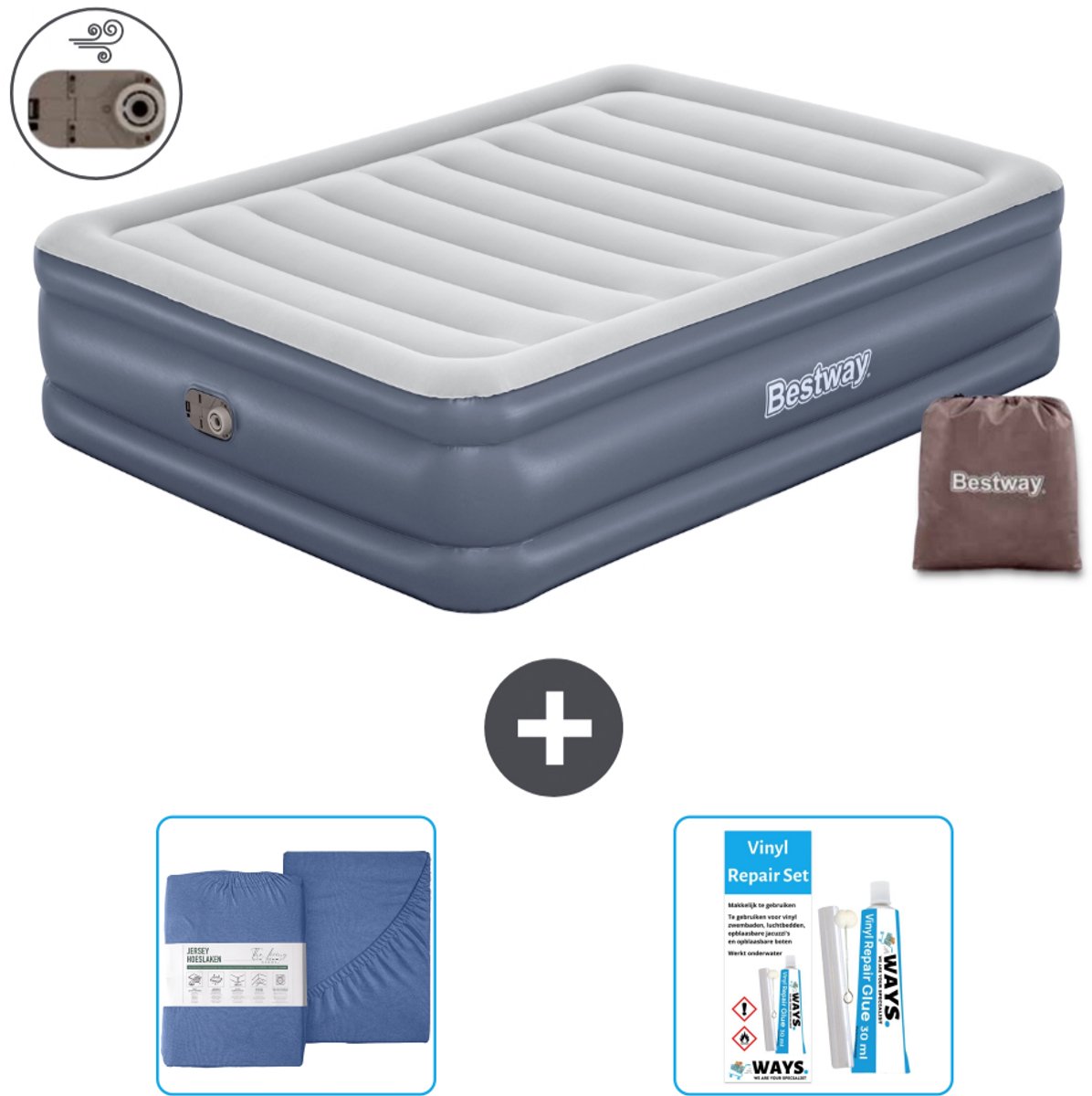 Bestway luchtbed - 2-Persoons - 152 x 203 x 51 cm - Grijs - Inclusief pomp - Hoeslaken en Reparatieset