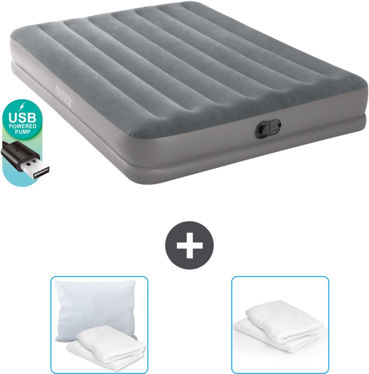 Intex Luchtbed - 2-Persoons - 152 x 203 x 30 cm - Grijs - Inclusief pomp - Kussen en Kussenbeschermer