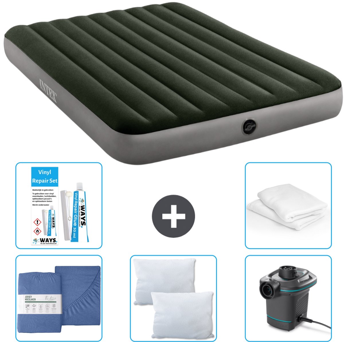 Intex Luchtbed - 2-Persoons - 152 x 203 x 25 cm - Groen - Inclusief Hoeslaken - Kussen - Pomp - Reparatieset en Kussenbeschermer