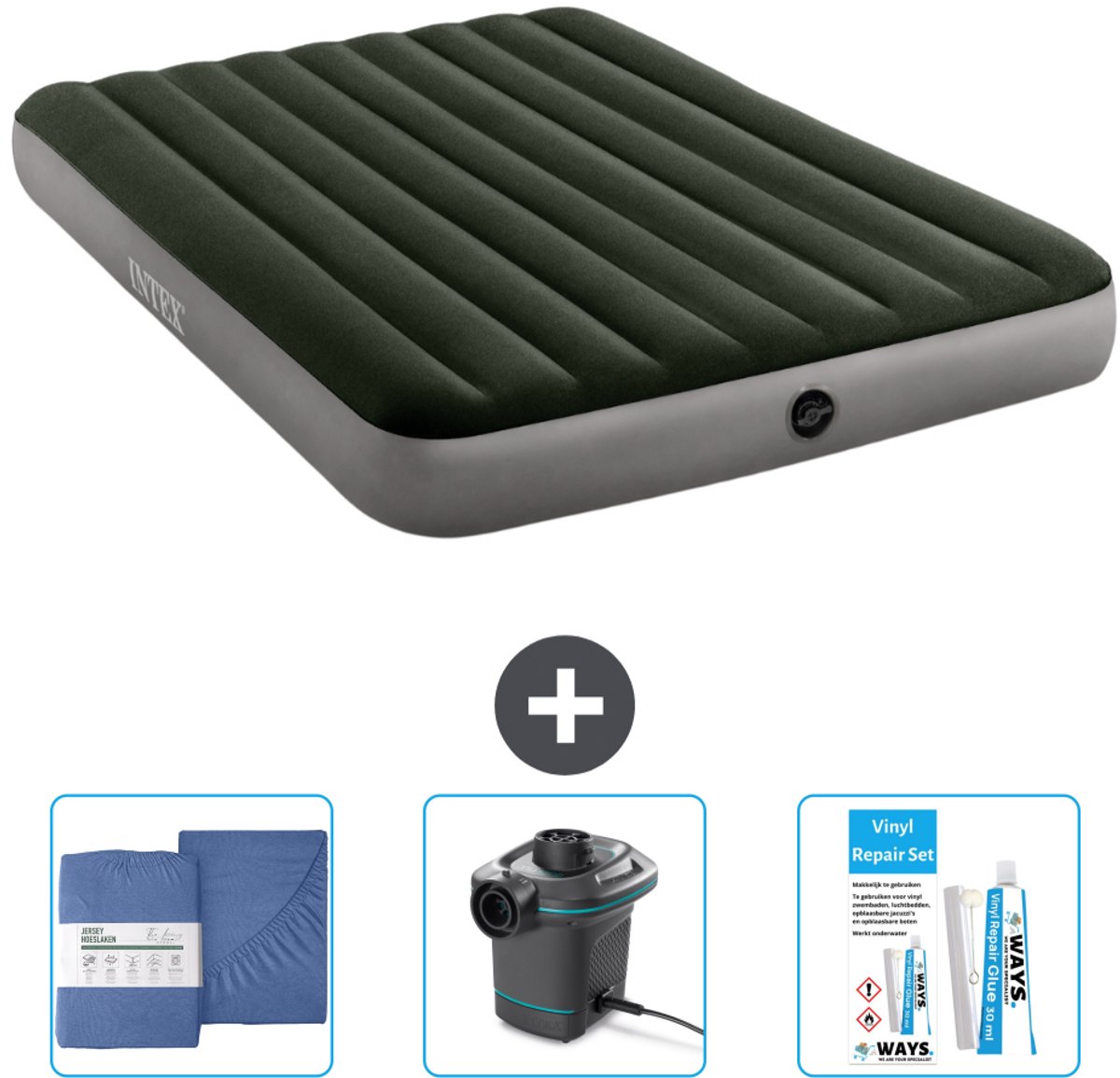 Intex Luchtbed - 2-Persoons - 152 x 203 x 25 cm - Groen - Inclusief Hoeslaken - Pomp en Reparatieset