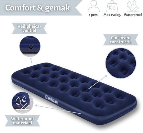 Bestway luchtbed - 1-Persoons - 76 x 185 x 22 cm - Blauw - Inclusief Kussen en Kussenbeschermer van Merkloos — afbeelding 4