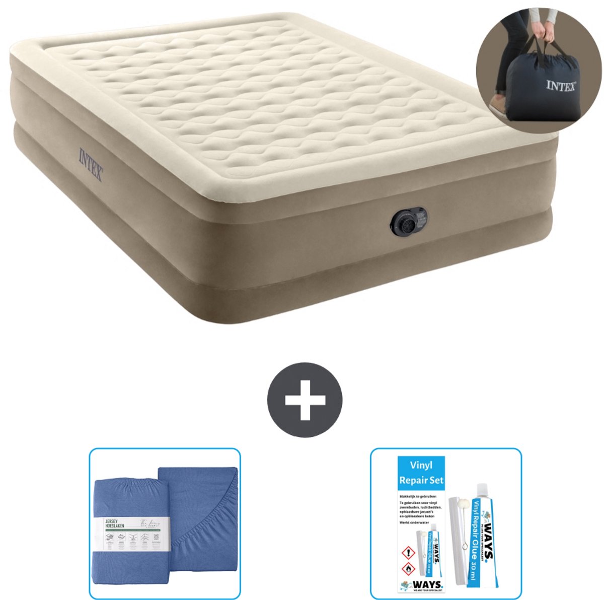Intex Luchtbed - 2-Persoons - 152 x 203 x 46 cm - Beige - Inclusief pomp - Hoeslaken en Reparatieset