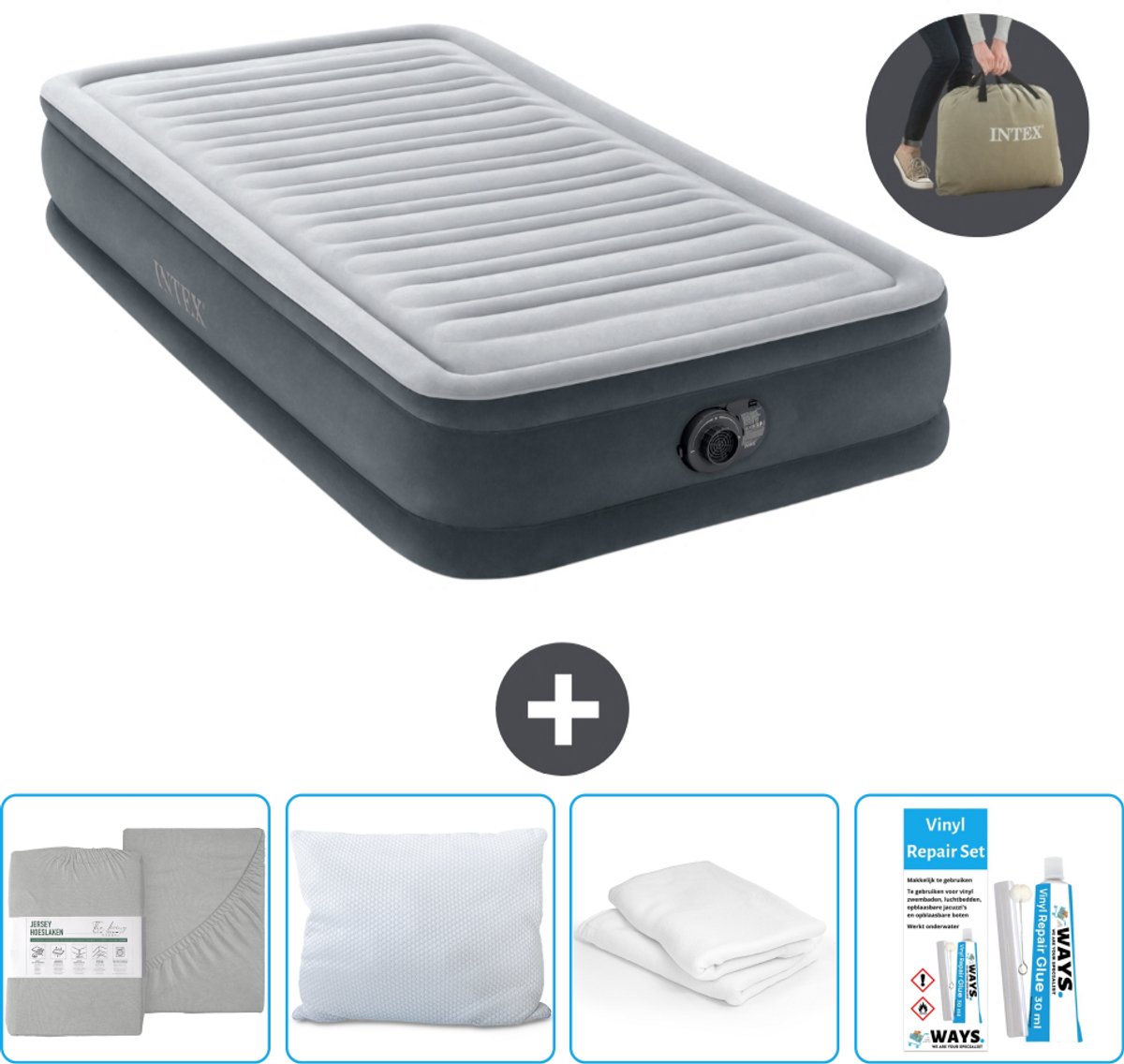 Intex Luchtbed - 1 Persoons - 99 x 191 x 33 cm - Grijs - Inclusief pomp - Hoeslaken - Kussen - Reparatieset en Kussenbeschermer