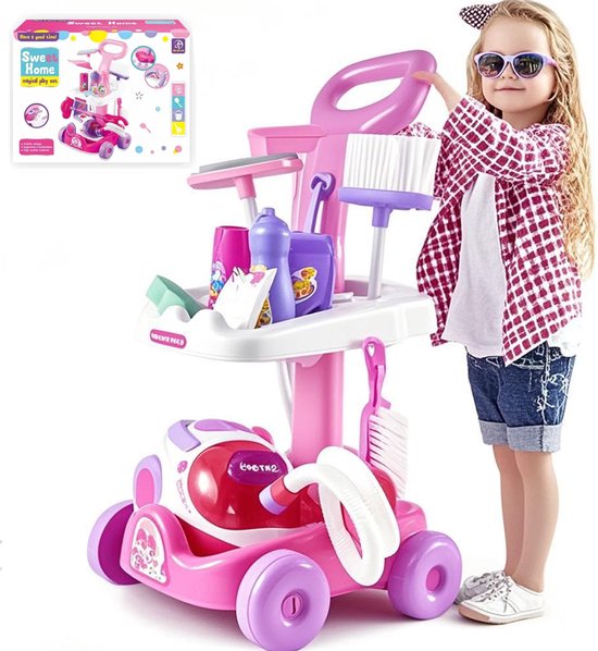 11 Delig Schoonmaaktrolley-Schoonmaakset Kinderen Speelgoed Stofzuiger-Montessori Speelgoed-Huishoudelijke schoonmaaktrolley speelset-Schoonmaakset Speelgoed voor Kinderen-4 tot 6 Jaar-Inclusief bezems-borstels-Roze