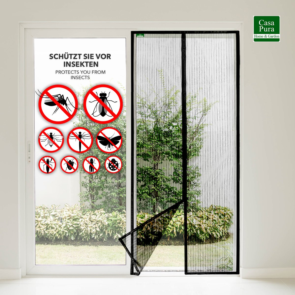 FLOORDIREKT Vliegenhor Sam Magnetisch Gordijn voor Balkondeur, Terrasdeur & Kelderdeur - Eenvoudige Zelfklevende Montage Zonder Boren - Horrengordijn Deur - met Gestreept Garen - 80 x 220 cm