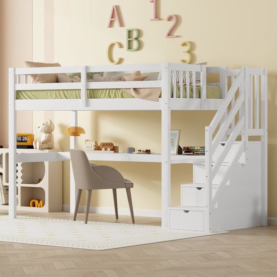 Hoogslaper - 90 x 200 cm - kinderhoogslaper met opberglades en bureau onder het bed - wit - zonder matras