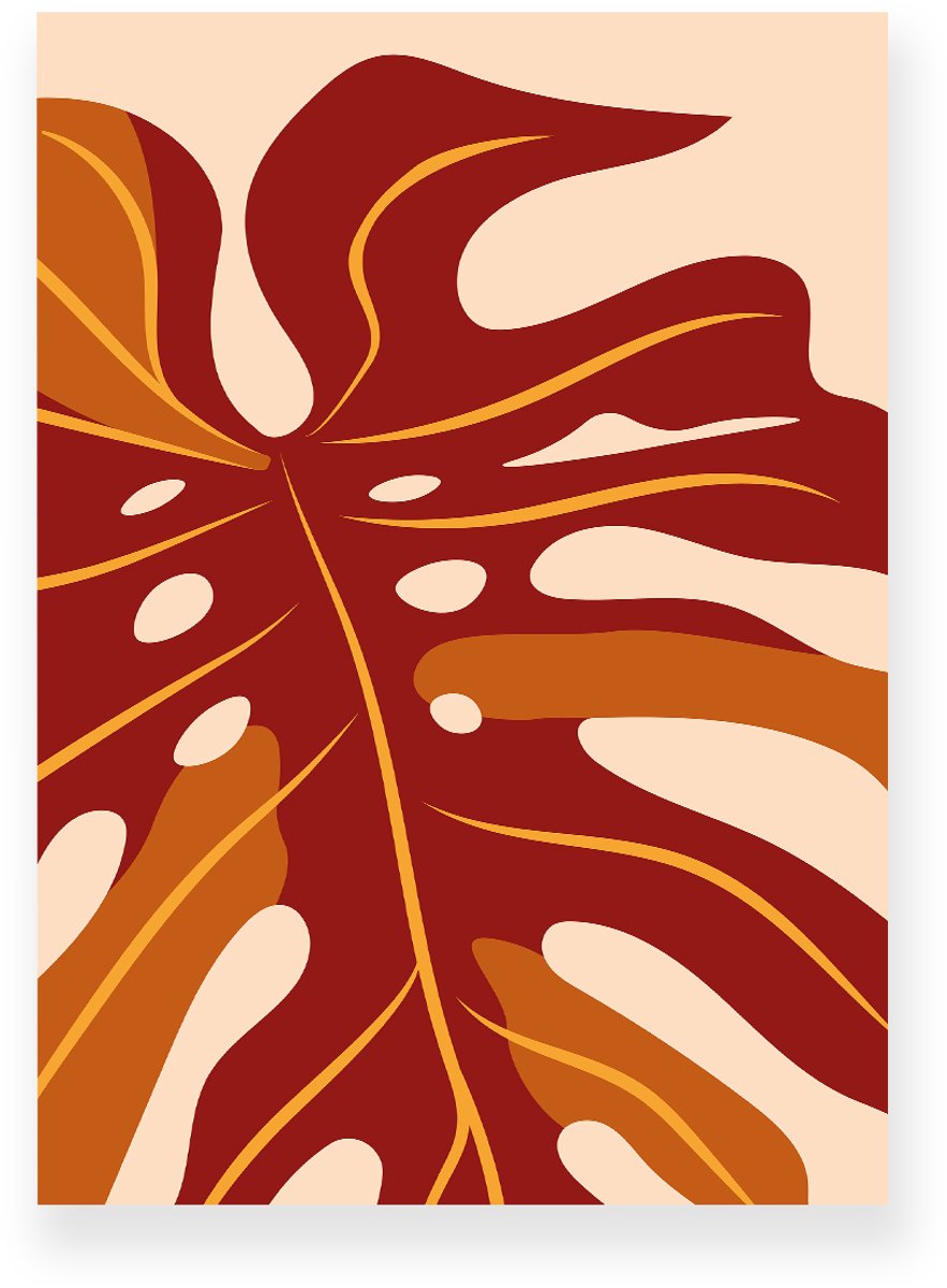 Yisual Aluminium plaat 20x30 cm - Poster - Monstera Bladeren - Planten - Bruin - Oranje - Minimalistisch - Botanisch - Muurdecoratie - Wanddecoratie