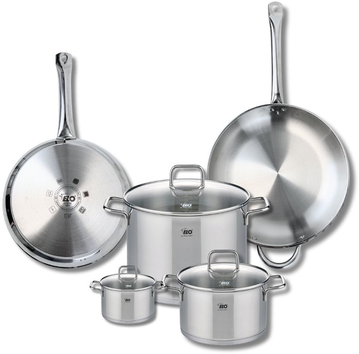 Set van 2 Koekenpannen 28 en 32 cm en 3 Kookpotten 12, 20 en 26 cm Elo Profi Citrin