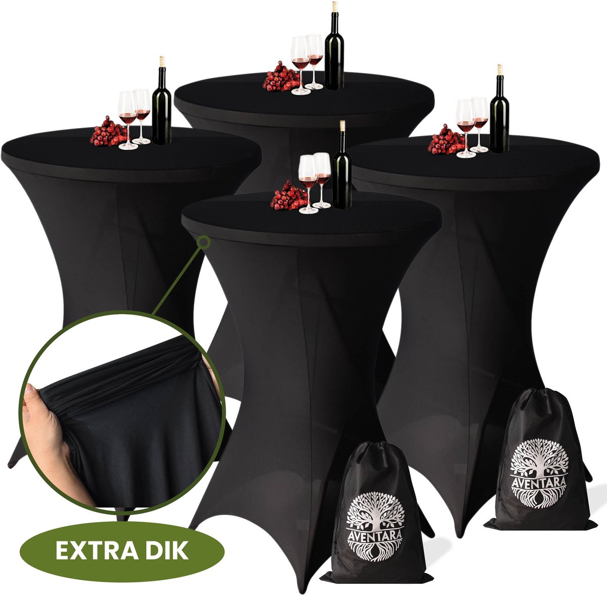 Statafelrok Zwart x 4 – ∅80-85 x 110 cm inclusief Opbergtas – 4 Stuks Statafelhoes Stretch Stof – Kras- en Vouwvrije Tafelhoezen Extra Dik – Sta Tafelrok – Statafelhoezen Voor Horeca, Evenementen, Feest, Bruiloft en Partijen